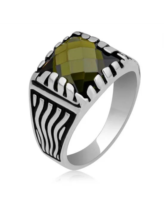 Gümüş Zeytin Yeşili Zirkon Taşlı Çocuk Erkek Yüzük