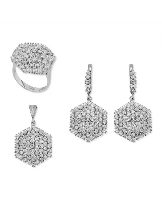 Gümüş Zirkon Taşlı Altıgen Bayan Set