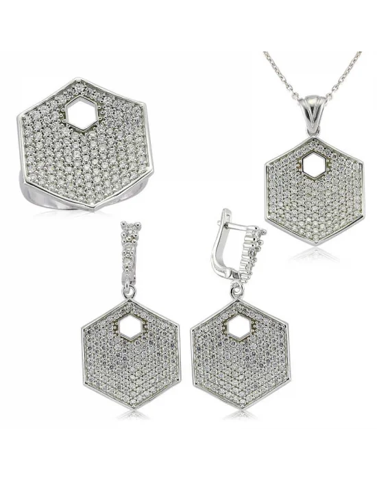 Gümüş Zirkon Taşlı Altıgen Bayan Set