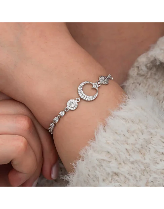 Gümüş Zirkon Taşlı Ay Yıldız Kadın Bileklik