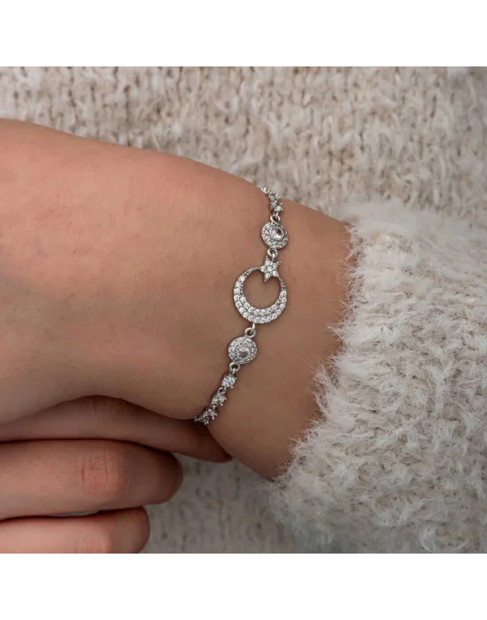 Gümüş Zirkon Taşlı Ay Yıldız Kadın Bileklik
