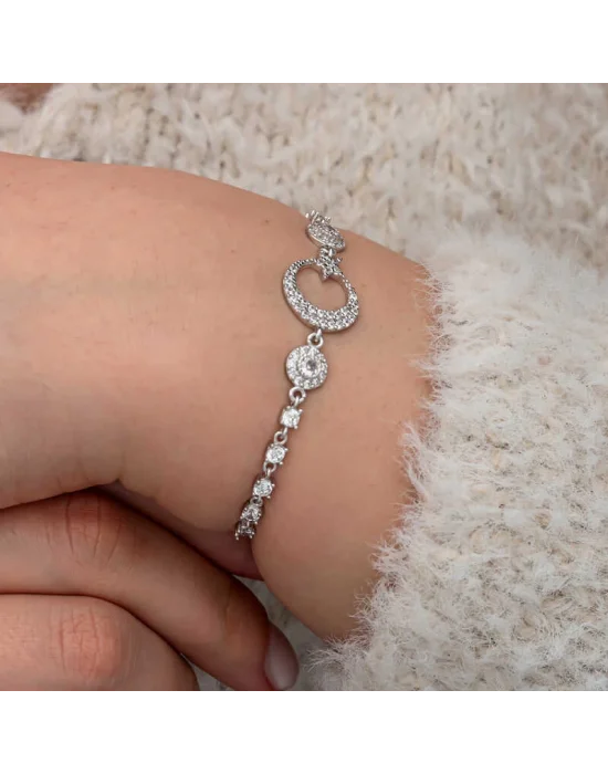 Gümüş Zirkon Taşlı Ay Yıldız Kadın Bileklik