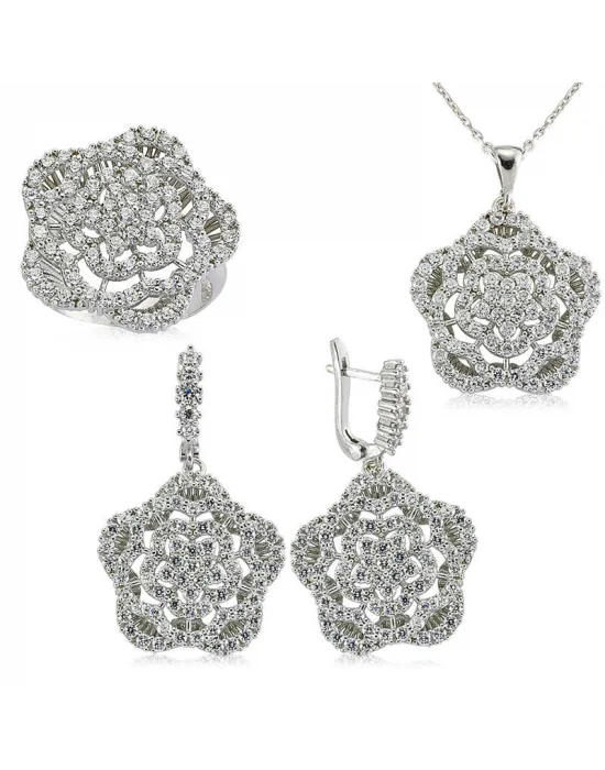 Gümüş Zirkon Taşlı Çiçek Bayan Set