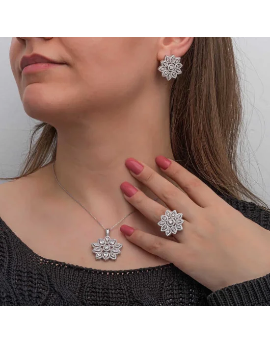 Gümüş Zirkon Taşlı Çiçek Kadın Set