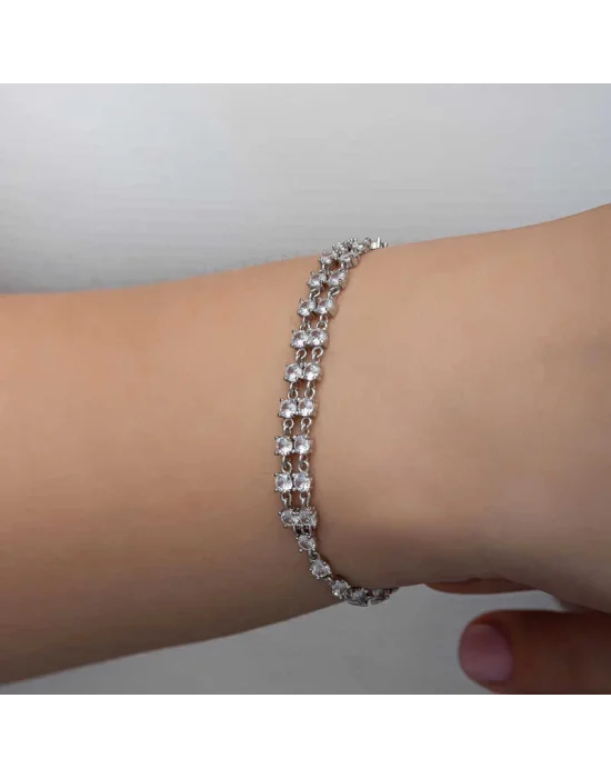 Gümüş Zirkon Taşlı Çift Sıra Kadın Bileklik