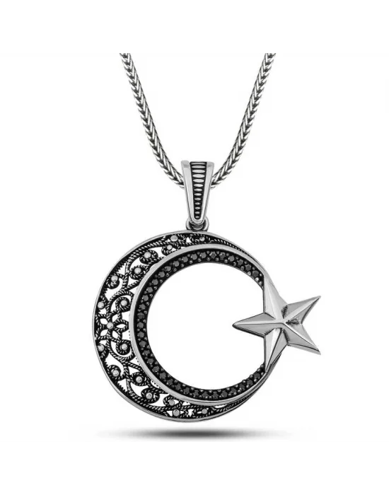 Gümüş Zirkon Taşlı Desenli Ay Yıldız Erkek Kolye