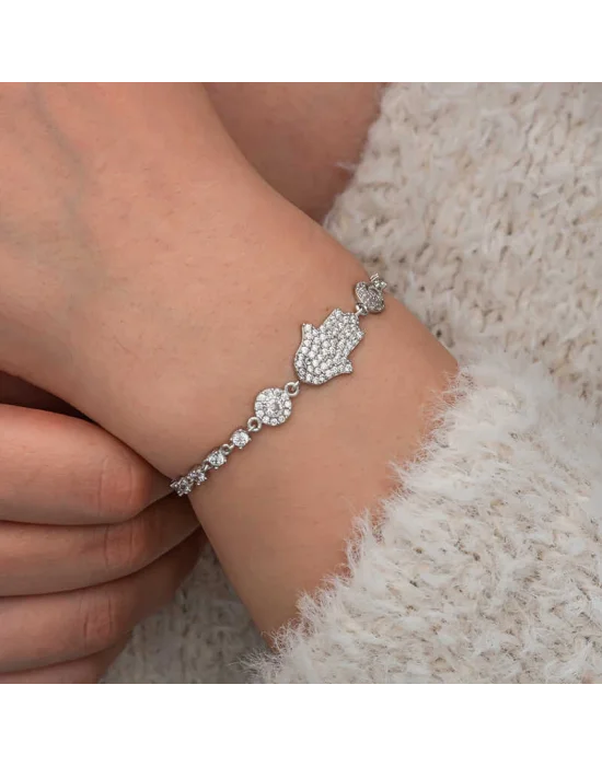 Gümüş Zirkon Taşlı Fatma Ana Eli Kadın Bileklik