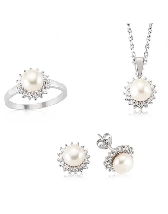 Gümüş Zirkon Taşlı İnci Bayan Set