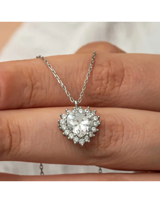 Gümüş Zirkon Taşlı Kalp Kadın Kolye