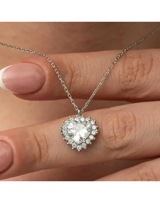 Gümüş Zirkon Taşlı Kalp Kadın Kolye