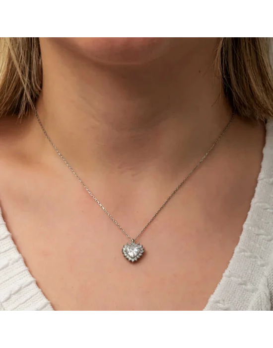 Gümüş Zirkon Taşlı Kalp Kadın Kolye