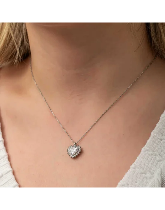 Gümüş Zirkon Taşlı Kalp Kadın Kolye