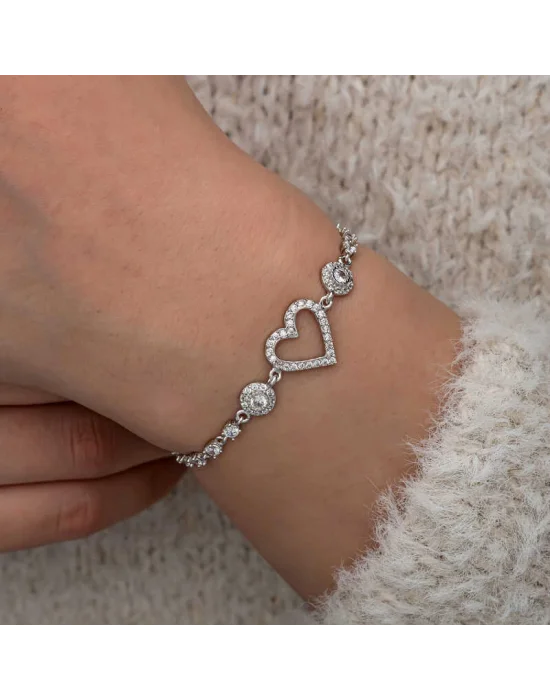 Gümüş Zirkon Taşlı Kalpli Kadın Bileklik