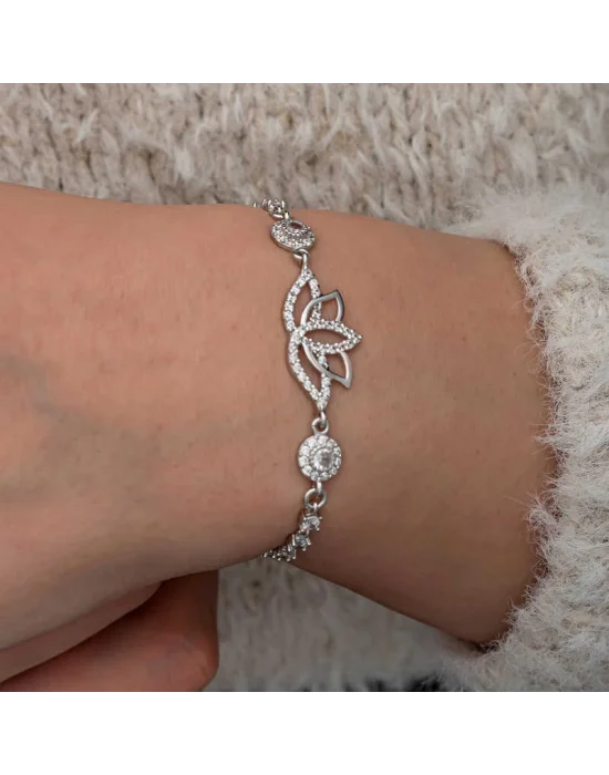 Gümüş Zirkon Taşlı Lotus Kadın Bileklik