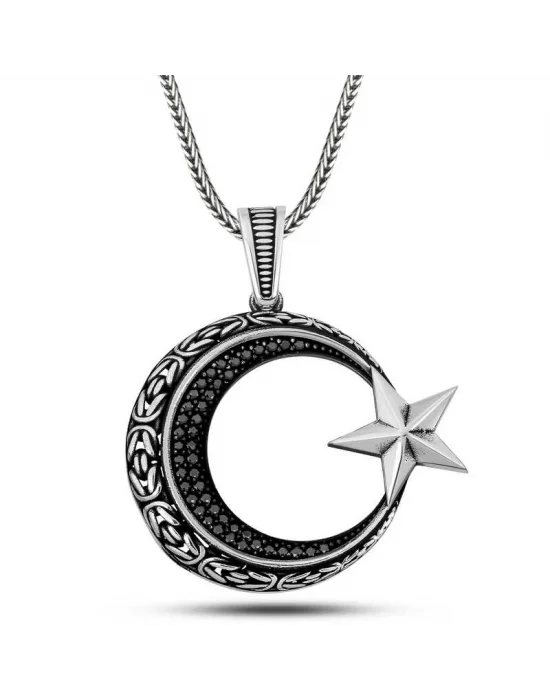 Gümüş Zirkon Taşlı Motifli Ay Yıldız Erkek Kolye