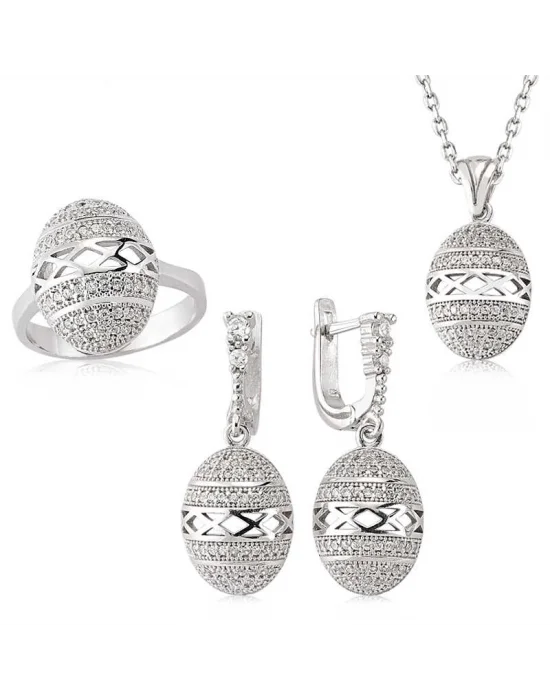 Gümüş Zirkon Taşlı Oval Bayan Set
