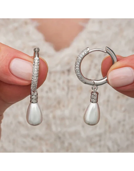 Gümüş Zirkon Taşlı Sallantılı Damla İnci Küpe