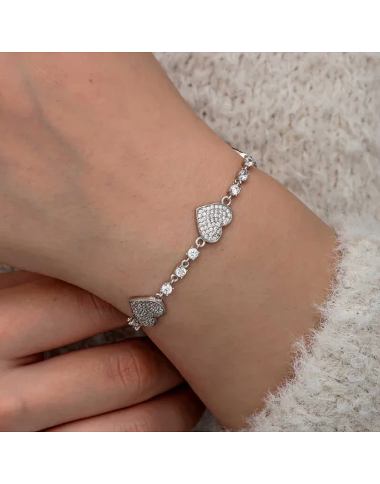 Gümüş Zirkon Taşlı Sıralı Kalp Kadın Bileklik