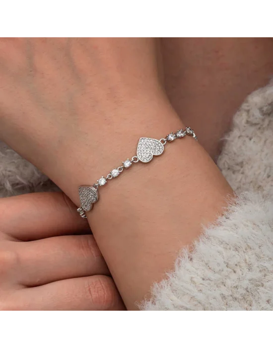 Gümüş Zirkon Taşlı Sıralı Kalp Kadın Bileklik
