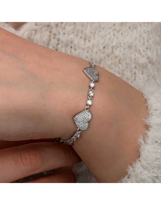 Gümüş Zirkon Taşlı Sıralı Kalp Kadın Bileklik