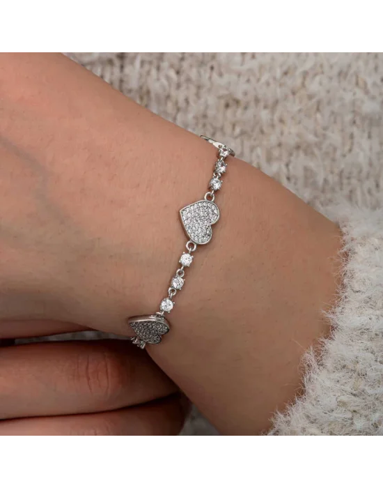 Gümüş Zirkon Taşlı Sıralı Kalp Kadın Bileklik