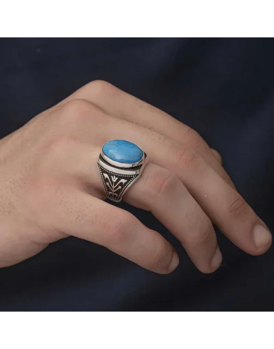 Gümüş Zirkon Turkuaz Taşlı Oval Erkek Yüzük
