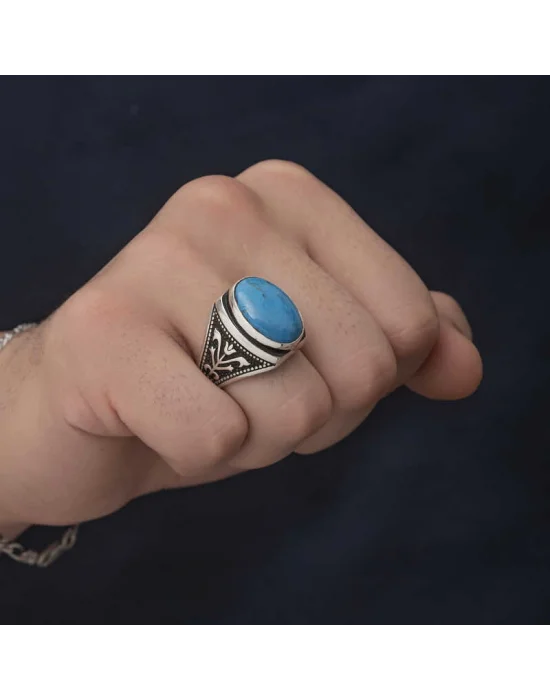 Gümüş Zirkon Turkuaz Taşlı Oval Erkek Yüzük