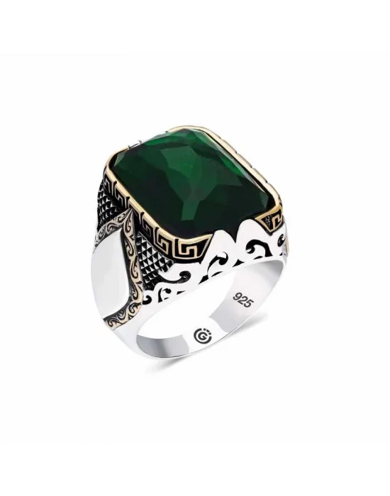 Gümüş Zirkon Yeşil Taşlı Kare Erkek Yüzük