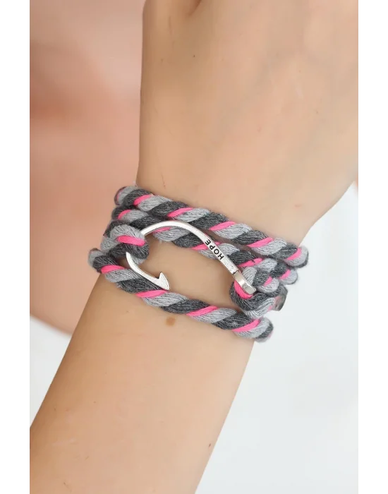 Karışık Desenli Pembe Gri Gümüş Metal Kancalı Bayan Çoklu Bileklik