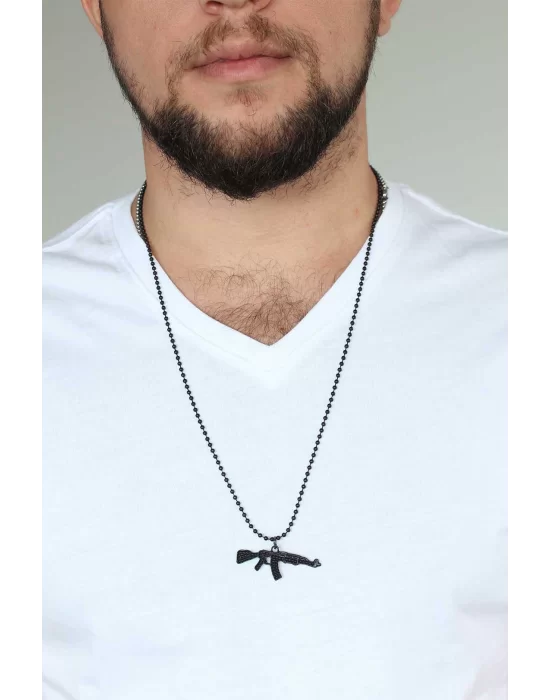 Krom Kaplama Siyah Renk Metal Tüfek Kafası Tasarım Erkek Kolye