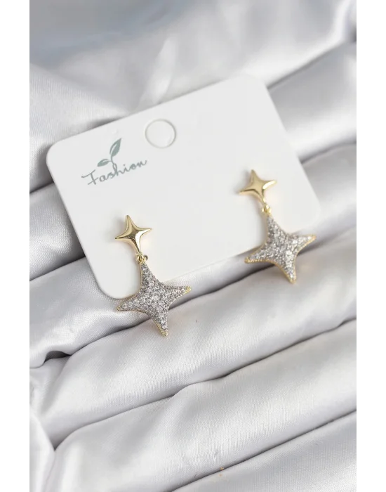 Kutup Yıldızı Pirinç Gold Renk Zirkon Taşlı Kadın Küpe