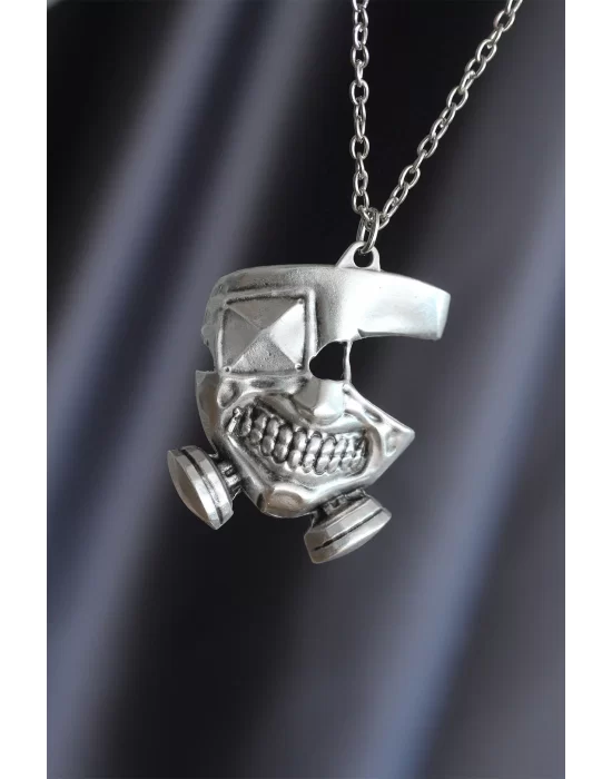 Maske Model Gümüş Renk Metal Zincirli Erkek Kolye
