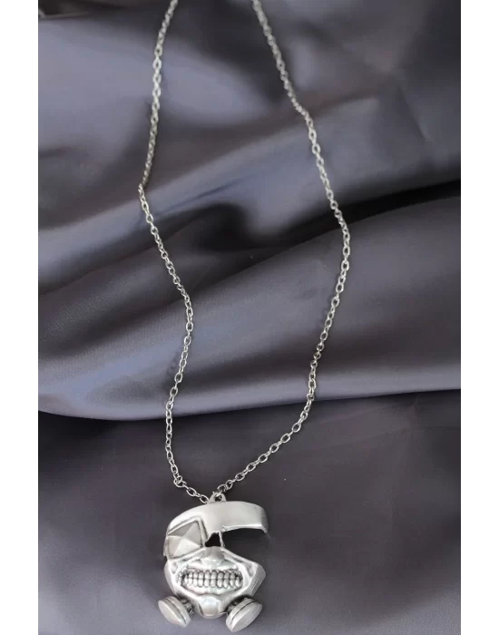 Maske Model Gümüş Renk Metal Zincirli Erkek Kolye