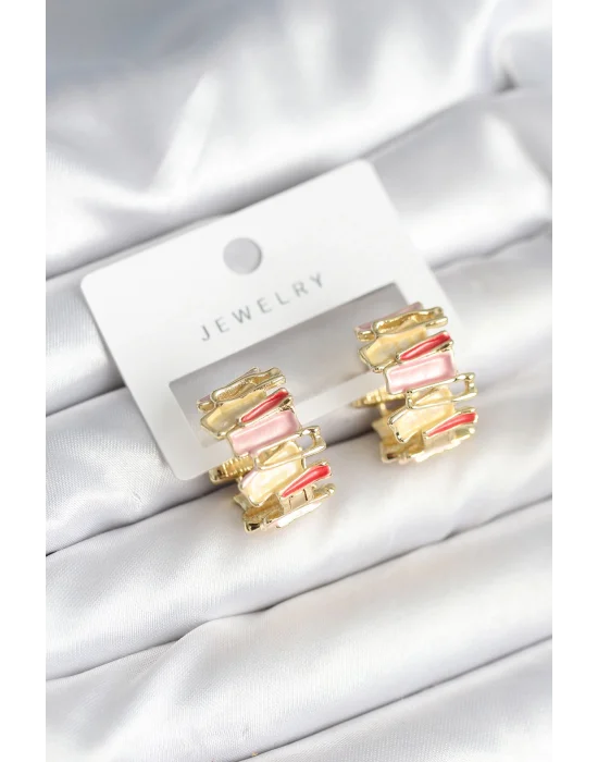 Mineli Karışık Renkli Gold Pirinç Kadın Küpe