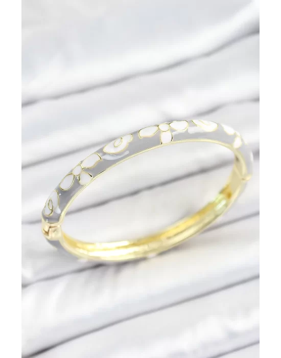 Mineli Pirinç Beyaz Gri Çiçek Desenli Gold Renk Kadın Kelepçe
