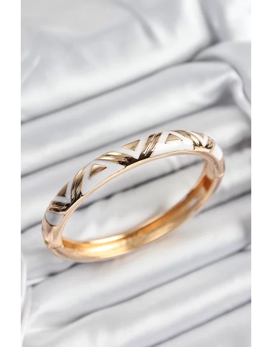 Mineli Pirinç Beyaz Üçgen Motifli Gold Renk Kadın Kelepçe
