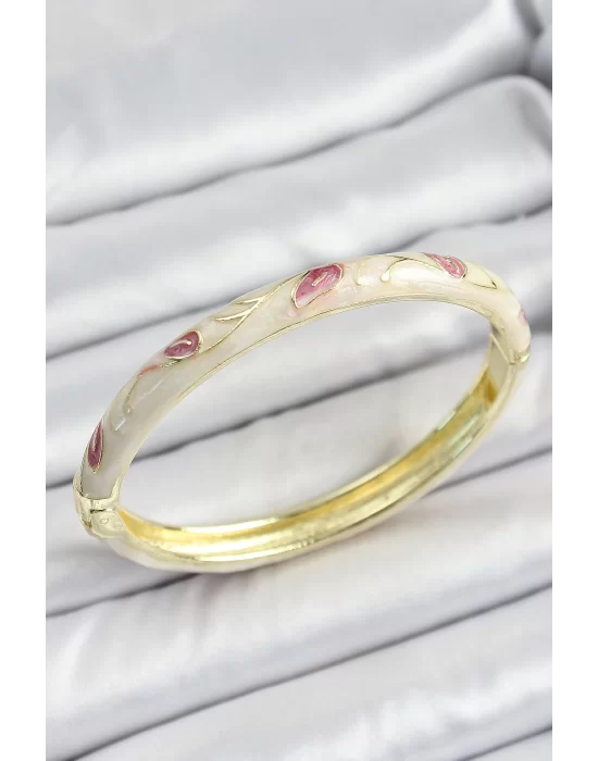 Mineli Pirinç Gold Renk Krem Çiçek Motifli Kadın Kelepçe