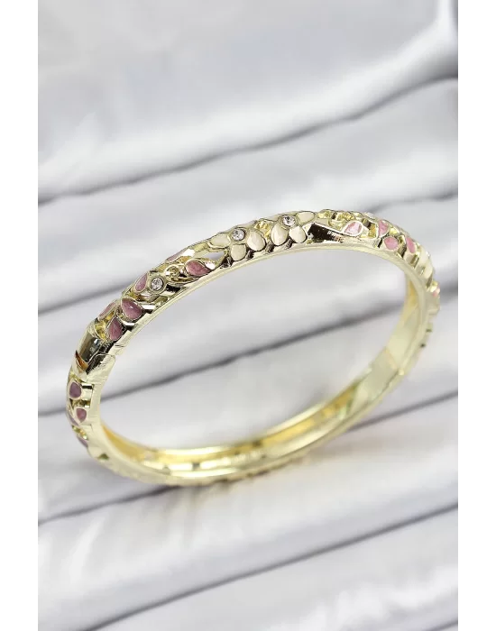 Mineli Pirinç Gold Renk Pembe Çiçek Desen Motifli Kadın Kelepçe