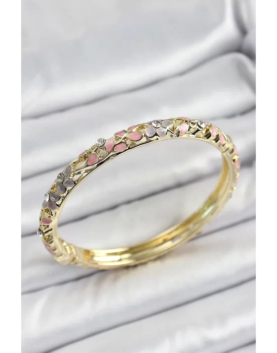 Mineli Pirinç Gold Renk Pembe Çiçek Motifli Kadın Kelepçe