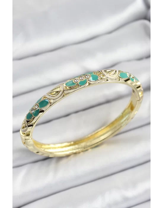Mineli Pirinç Gold Renk Yeşil Çiçek Desenli Kadın Kelepçe