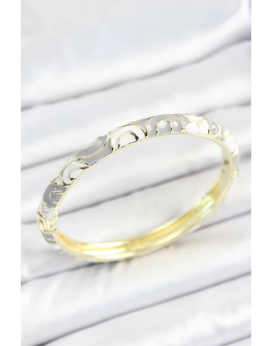 Mineli Pirinç Gri Beyaz Sarmal Desenli Gold Renk Kadın Kelepçe