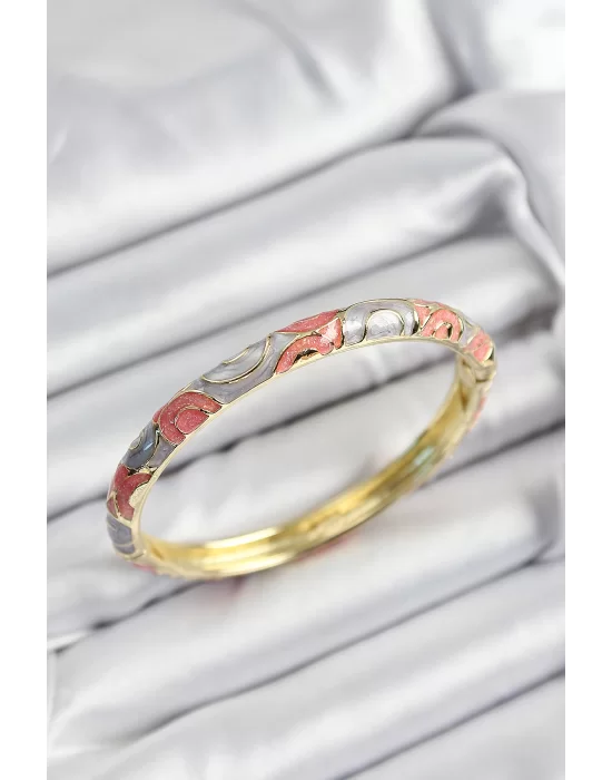 Mineli Pirinç Gri Ve Pembe Sarmal Motifli Gold Renk Kadın Kelepçe