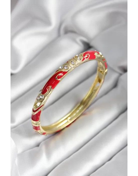 Mineli Pirinç Kırmızı Çiçek Desenli Zirkon Taşlı Gold Renk Kadın Kelepçe