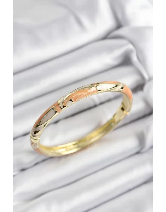 Mineli Pirinç Krem Ve Turuncu Mermer Motifli Gold Renk Kadın Kelepçe