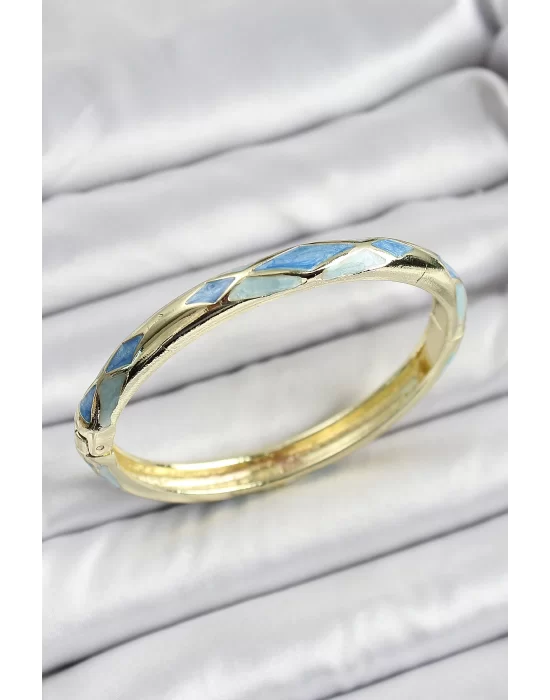 Mineli Pirinç Mavi Baklava Desenli Gold Renk Kadın Kelepçe
