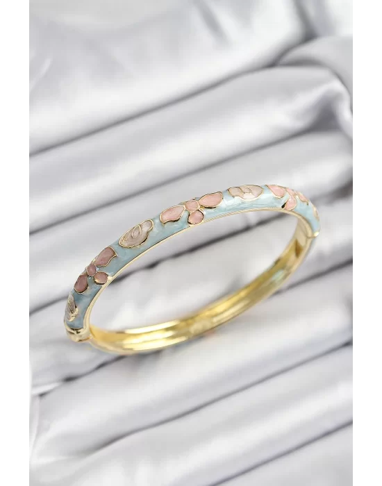 Mineli Pirinç Mavi Ve Pembe Çiçek Motifli Gold Renk Kadın Kelepçe