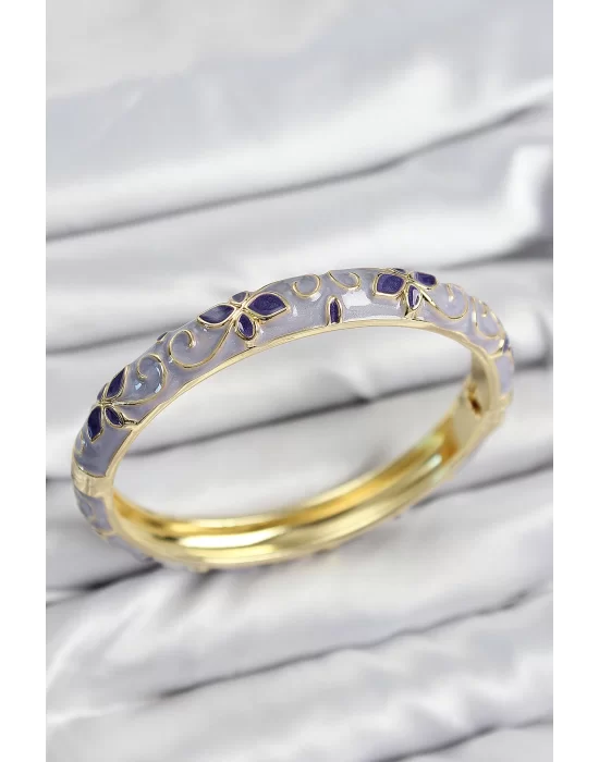 Mineli Pirinç Mor Çiçek Motifli Gold Kadın Kelepçe