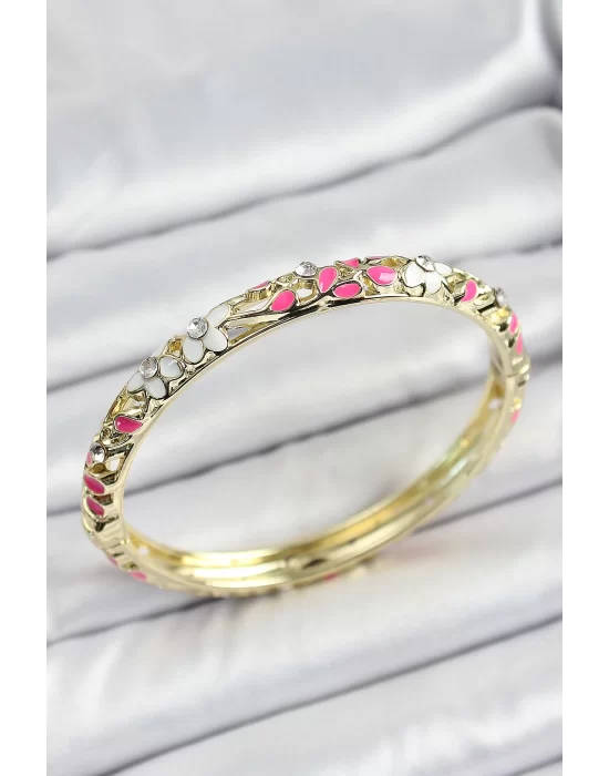 Mineli Pirinç Pembe Beyaz Çiçek Motifli Kadın Kelepçe