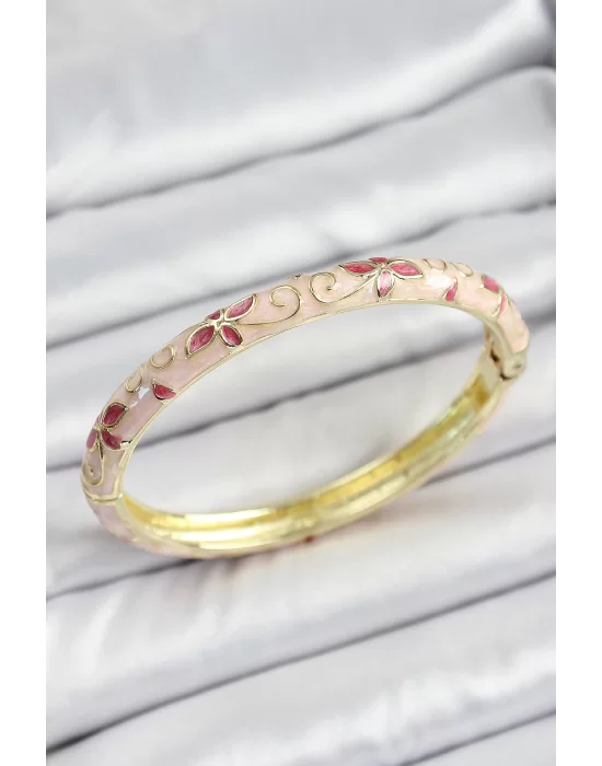 Mineli Pirinç Pembe Çiçek Desenli Kadın Kelepçe