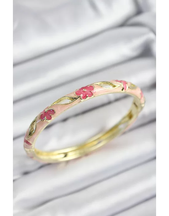 Mineli Pirinç Pembe Çiçek Motifli Gold Renk Kadın Kelepçe